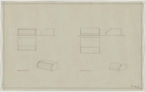 Design for Telefunken Record Player, Two record-player cabinets: Bayreuth and Concertino. Elevations, plans, and perspectives by Lilly Reich, mies van der rohe archive, 1938
