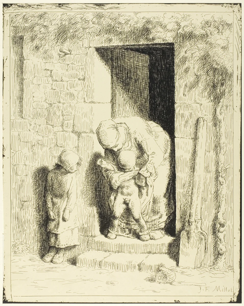 The Maternal Precaution by Jean-François Millet, print, 1860