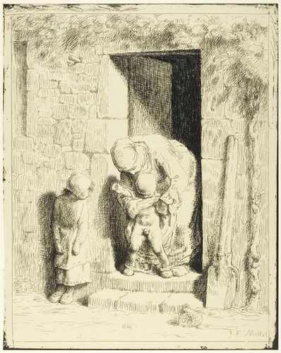 The Maternal Precaution by Jean-François Millet, print, 1860