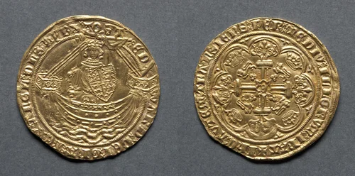 Noble: Edward III Standing in Ship with Shield of Arms (obverse); Ornamental Cross with Lis Terminals (reverse) by Unknown, metalwork, 1363-1369