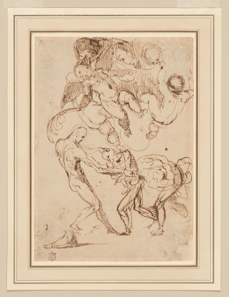 A Study of Bound Male Figures being Manhandled, and Various Putti, One Holding a Palm Frond by Unknown Artist, artwork, 1575-1640