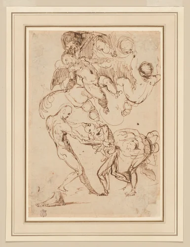A Study of Bound Male Figures being Manhandled, and Various Putti, One Holding a Palm Frond by Unknown Artist, artwork, 1575-1640