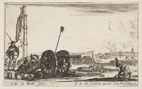 A cannon to the left, a town in the background, plate 2 from "Various Military Caprices" (Varii capricci militari) by Stefano della Bella, print, 1636-1646