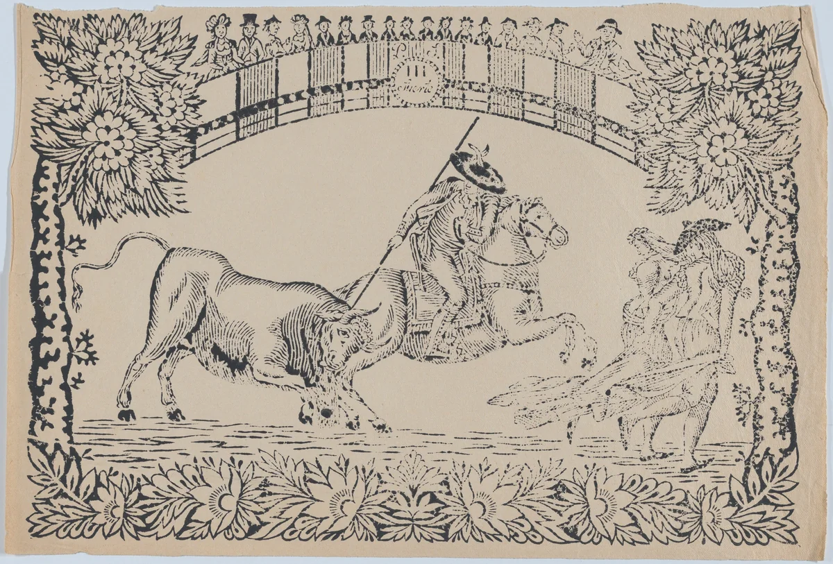 Suerte III: Picador stabbing a bull; two toreros running to right by anonymous, print, 1845-1855