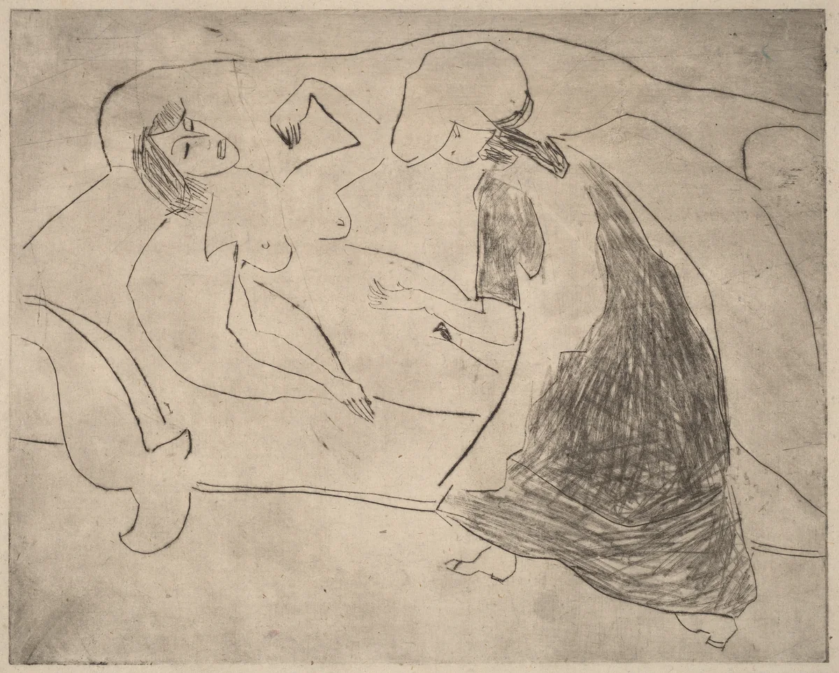 Girl, with Another Rubbing Her Belly by Ernst Ludwig Kirchner, print, 1910