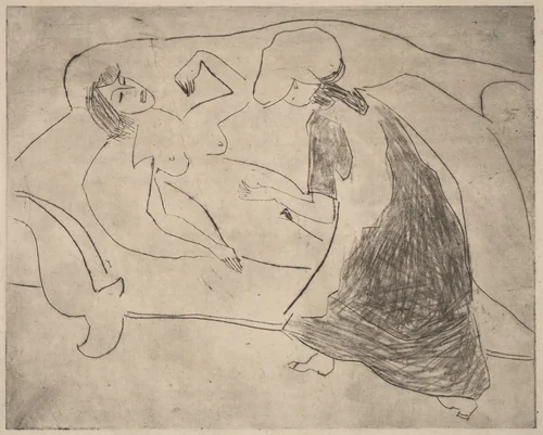 Girl, with Another Rubbing Her Belly by Ernst Ludwig Kirchner, print, 1910