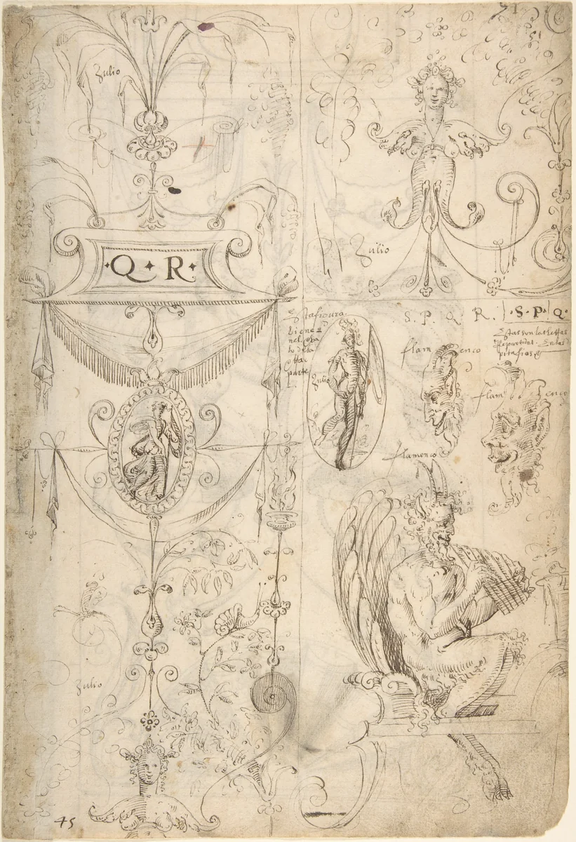 Grotesques Designs with Various Inscriptions (recto); Candelabra Grotesque and Two Putti Holding Flowers (verso) by Andrés de Melgar, drawing, 1540-1550