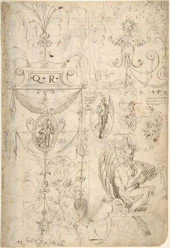 Grotesques Designs with Various Inscriptions (recto); Candelabra Grotesque and Two Putti Holding Flowers (verso) by Andrés de Melgar, drawing, 1540-1550