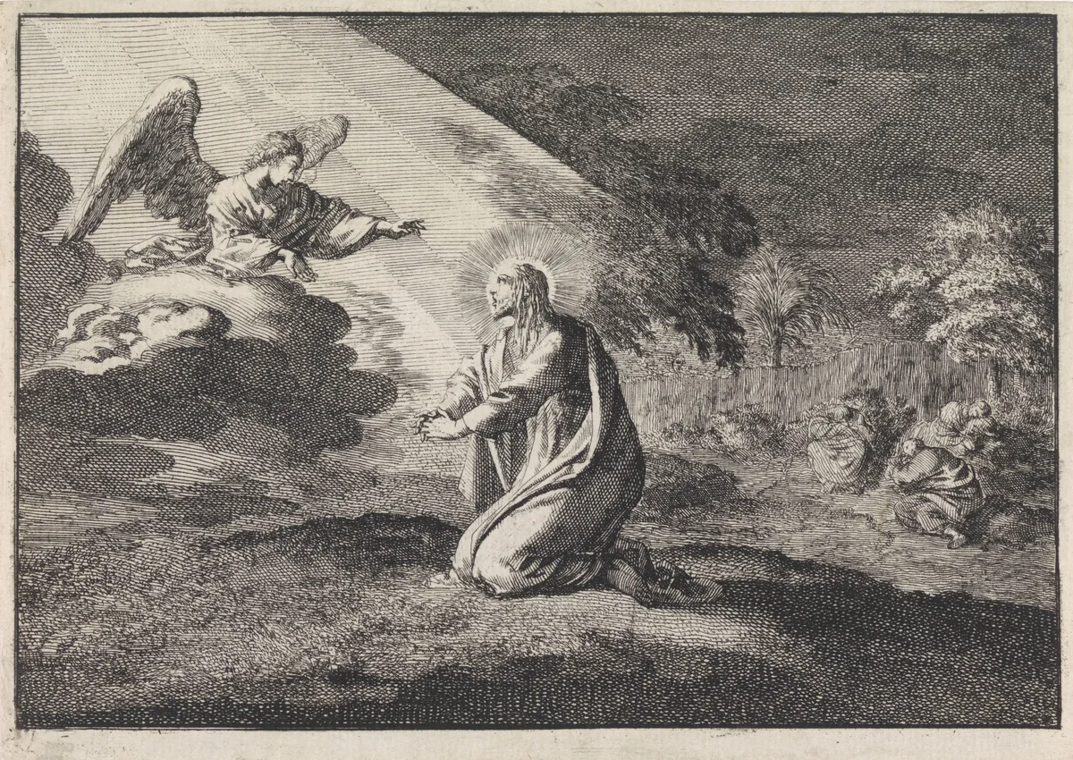 Christus in de hof van Getsemane by Jan Luyken, print, 1703