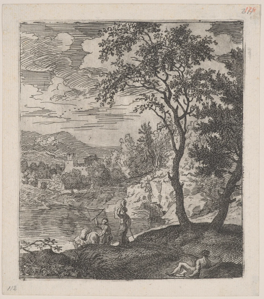 Plate 4: a peasant with a donkey on a riverbank, a woman walking towards him with a vase on her head, and a reclining figure at right in the foreground, from 'Landscapes in the manner of Gaspar Dughet' by Franz Joachim Beich, print, 1695-1730