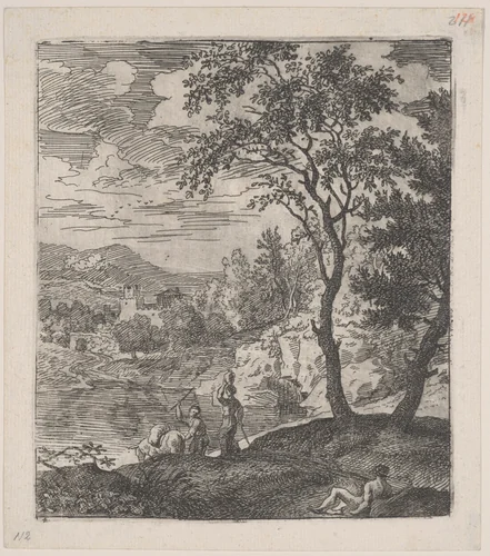 Plate 4: a peasant with a donkey on a riverbank, a woman walking towards him with a vase on her head, and a reclining figure at right in the foreground, from 'Landscapes in the manner of Gaspar Dughet' by Franz Joachim Beich, print, 1695-1730
