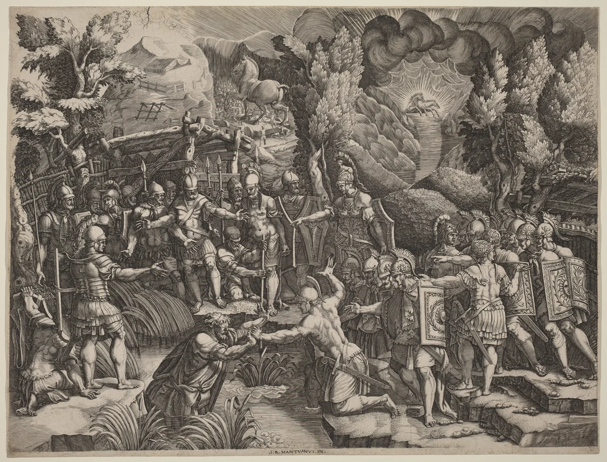 Sinon Deceiving the Trojans by Giorgio Ghisi; Giovanni Battista Scultori, print, 1520-1582