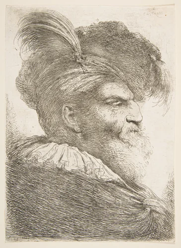 Head of an old man facing right, from "Large Oriental Heads" by Giovanni Benedetto Castiglione, print, 1640-1655