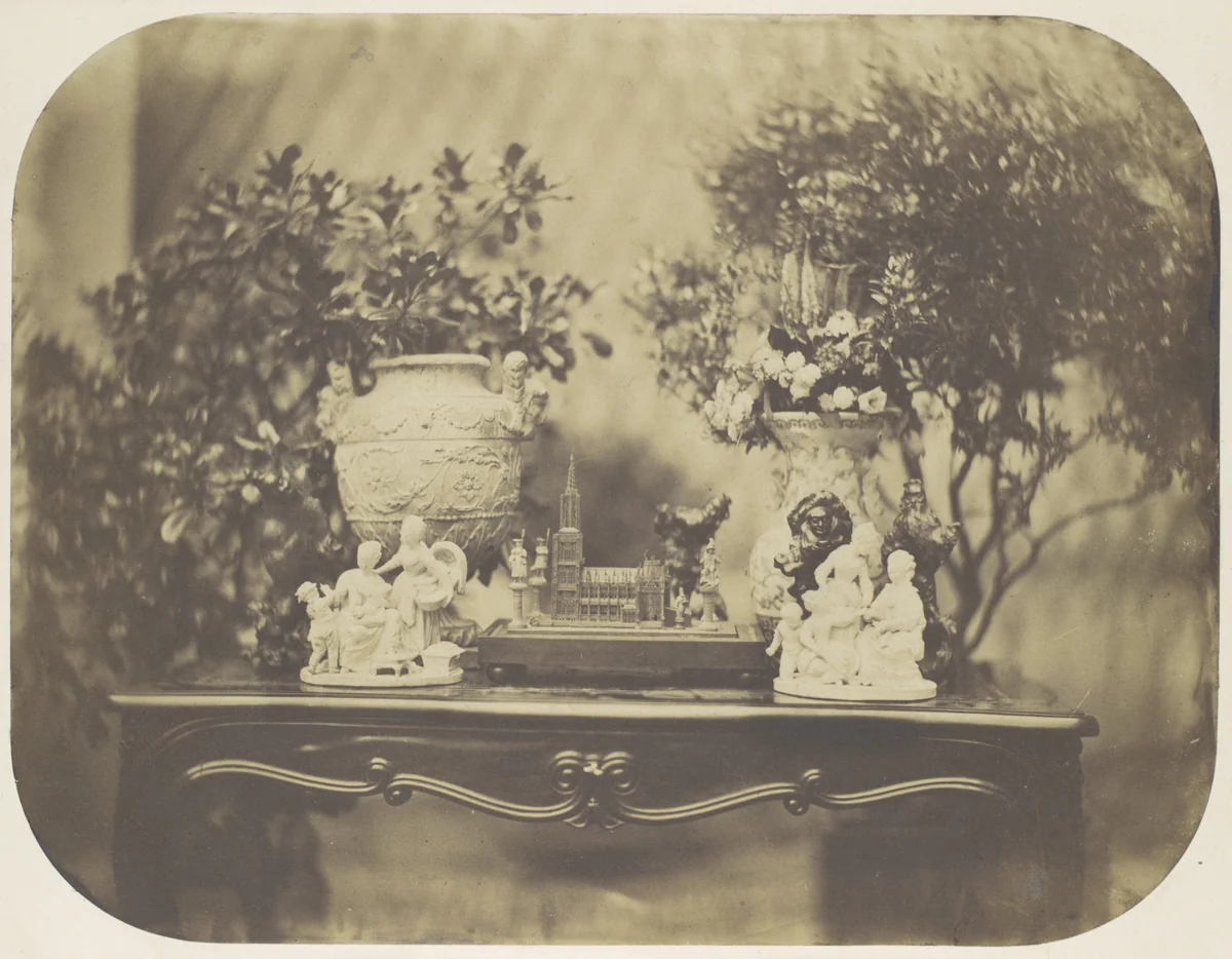 [Table Top Still Life with Model Cathedral and Small Sculptures] by Louis-Rémy Robert, photograph, 1854-1858