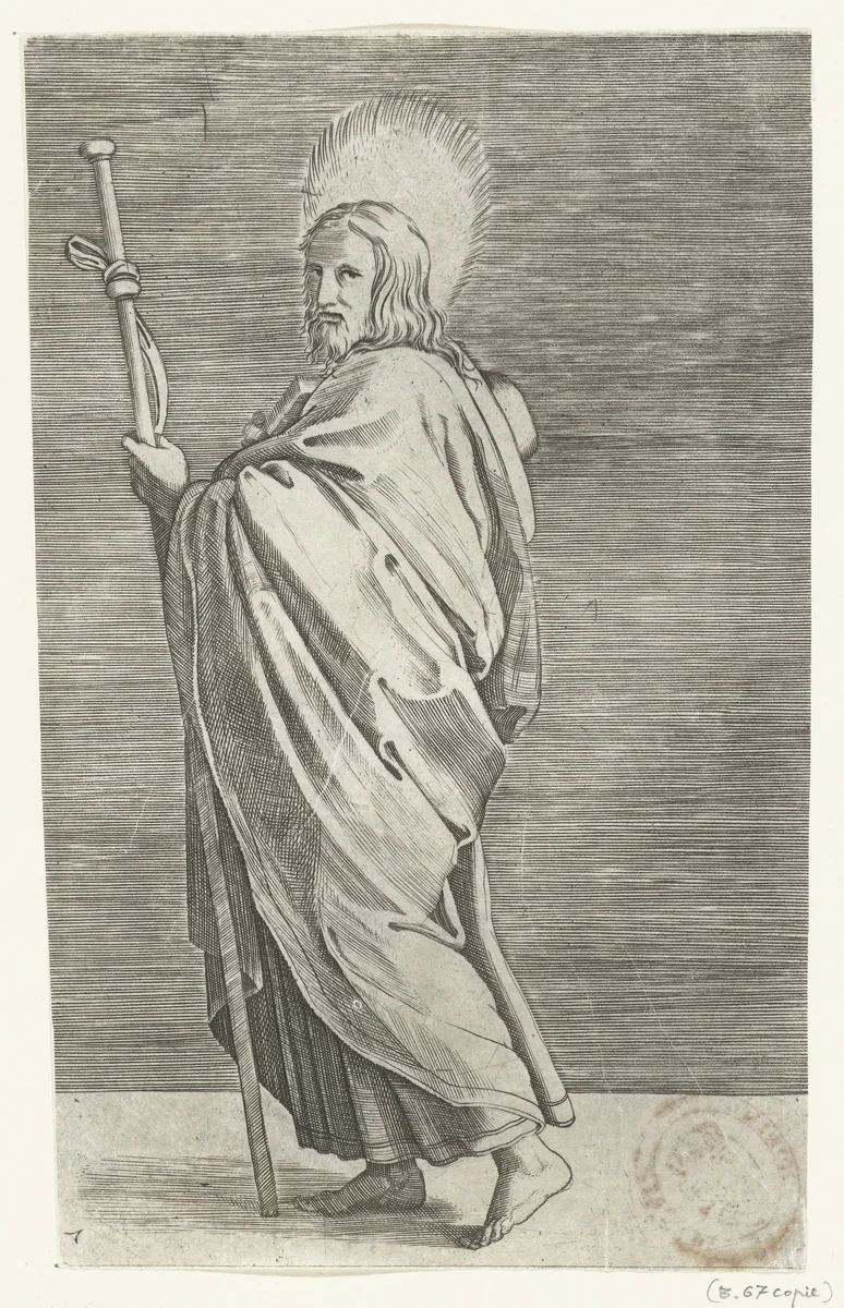 Apostel Jakobus de Meerdere (Major) met pelgrimshoed en pelgrimsstaf by Marco Dente, print, 1517-1527
