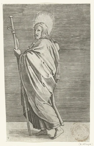 Apostel Jakobus de Meerdere (Major) met pelgrimshoed en pelgrimsstaf by Marco Dente, print, 1517-1527