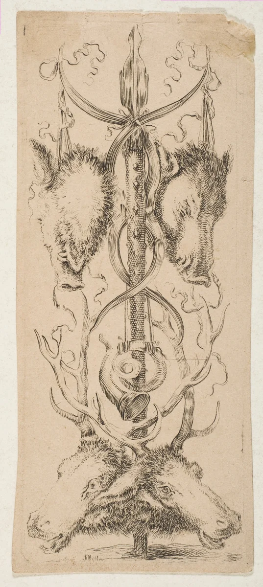 Hunting Trophy with Stag Heads Below by Stefano della Bella, print, 1648-1658