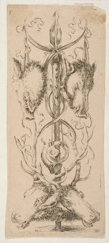 Hunting Trophy with Stag Heads Below by Stefano della Bella, print, 1648-1658