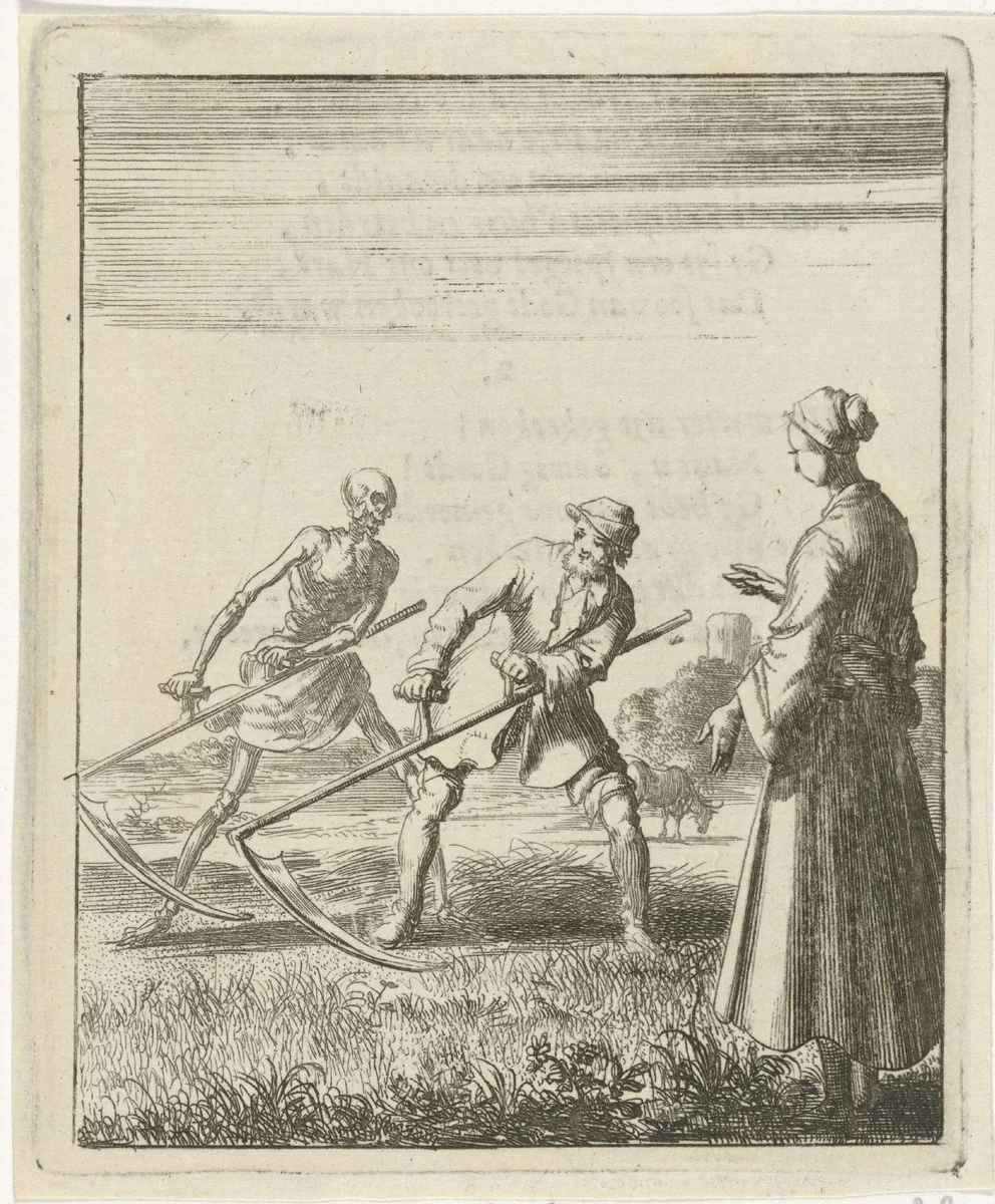 Vrouw aanschouwt een maaier achter wie de Dood met een zeis staat by Jan Luyken, print, 1687