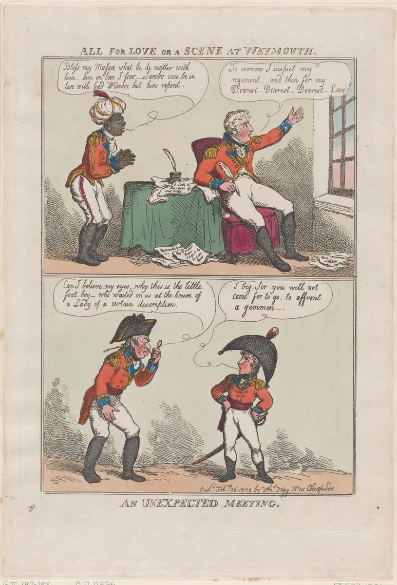 All for Love or A Scene at Weymouth, An Unexpected Meeting by Thomas Rowlandson, print, 1809