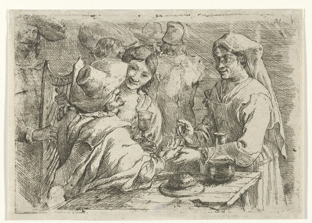 Waarzegster met een klant by Jan van Ossenbeeck, print, 1647-1674