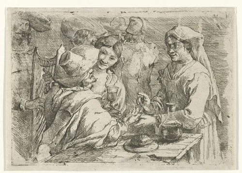 Waarzegster met een klant by Jan van Ossenbeeck, print, 1647-1674