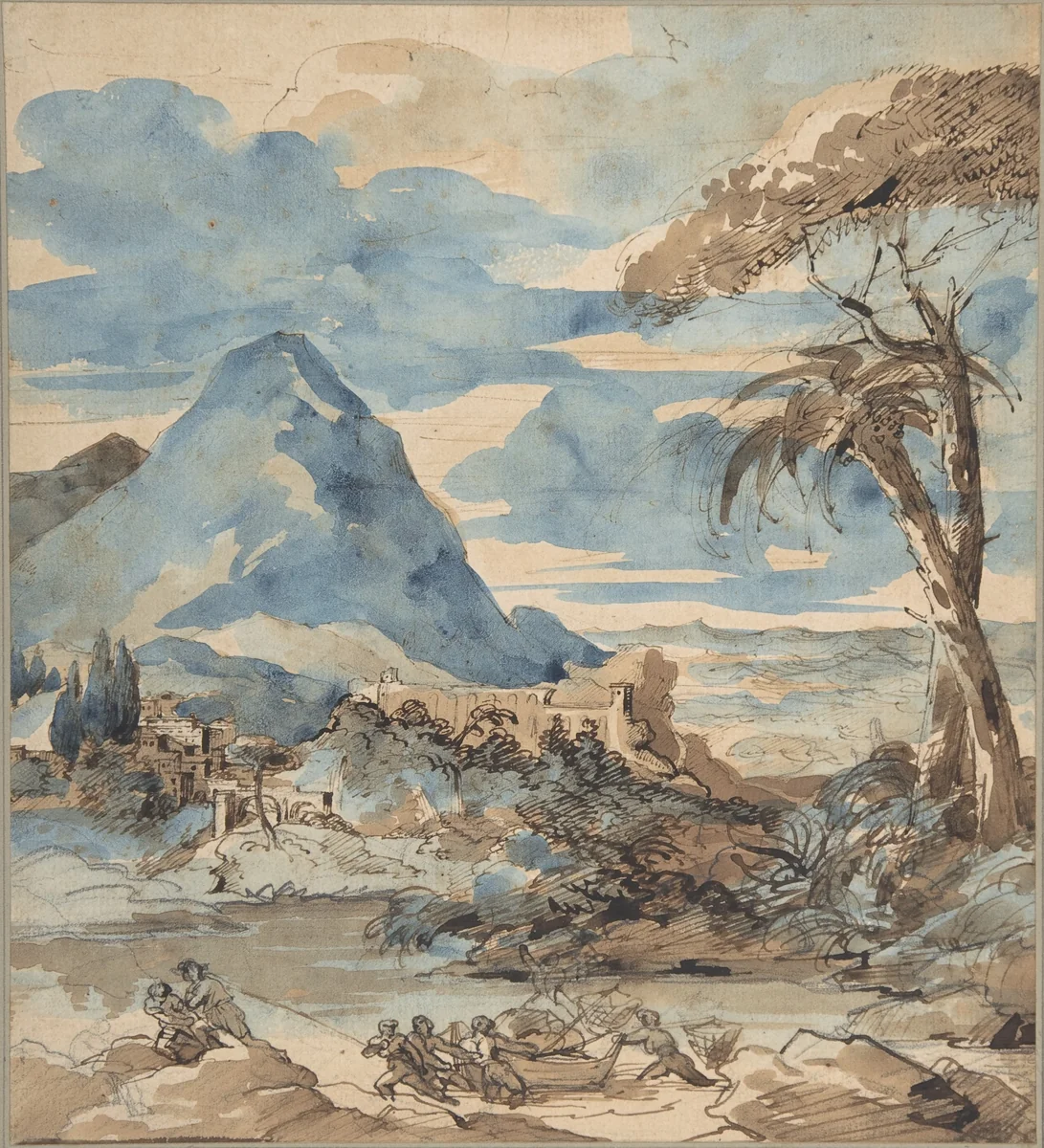 Landscape with Fishermen by Théodore Gericault, drawing, 1818