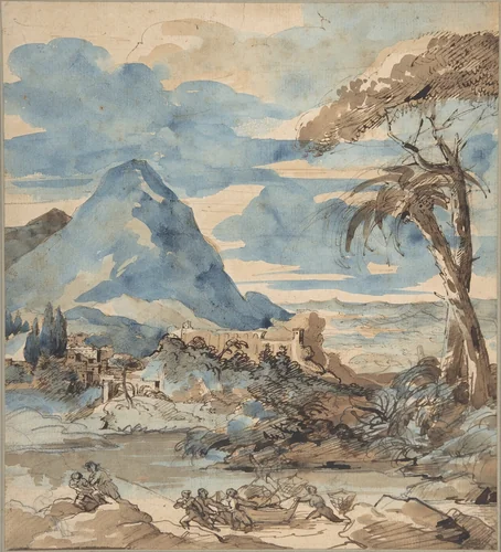Landscape with Fishermen by Théodore Gericault, drawing, 1818