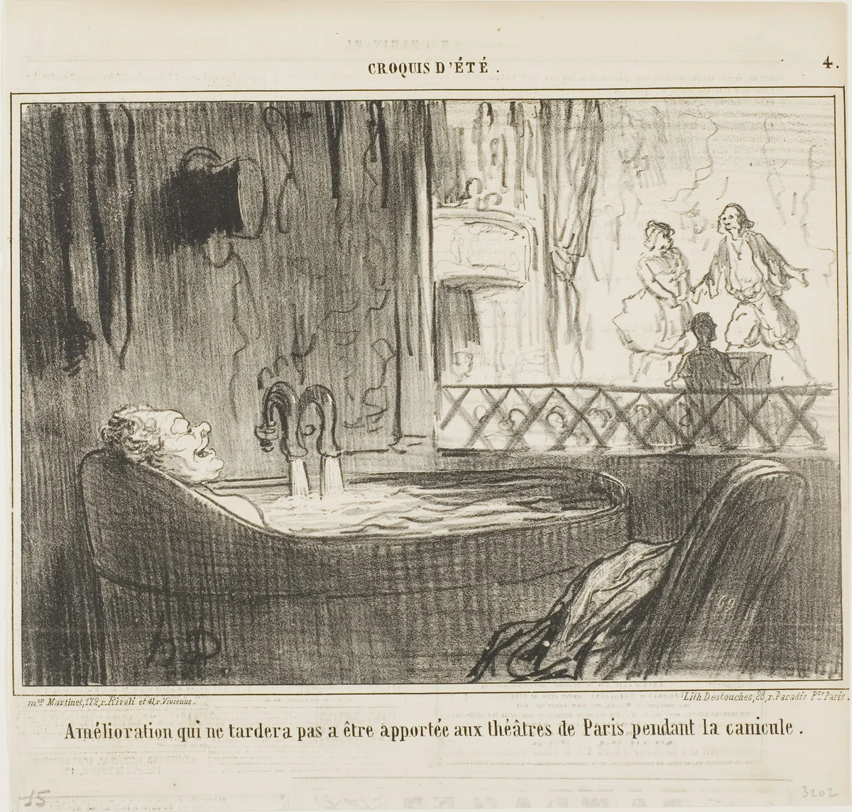 Proposal for improvement for the theatres in Paris, which will not fail to have its effect during the dog days, plate 4 from Croquis d’Été by Honoré-Victorin Daumier, print, 1859