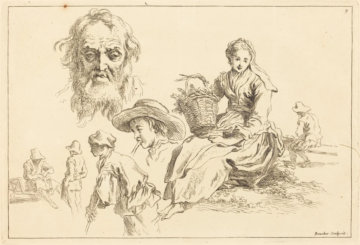 Figure Studies including Bearded Face of an Old Man by François Boucher, print, 1735