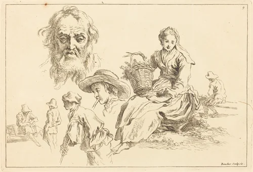 Figure Studies including Bearded Face of an Old Man by François Boucher, print, 1735