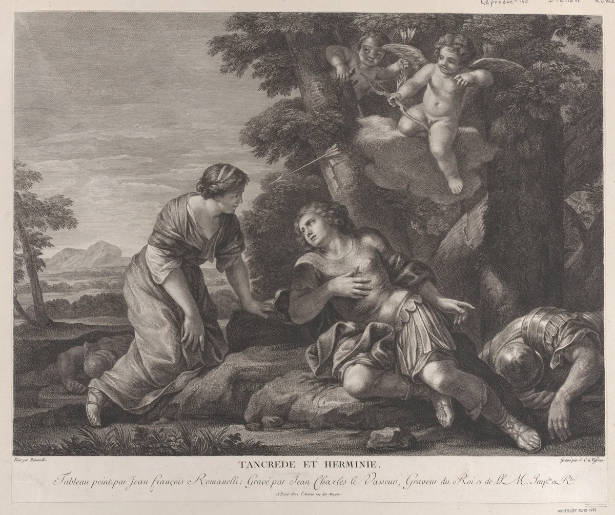 Tancrede and Herminia, within a landscape, as Cupid shoots an arrow towards Herminia at upper right by Jean Charles Le Vasseur, print, 1690-1725