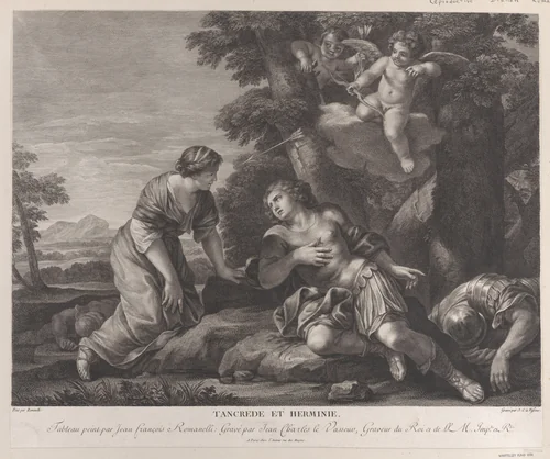 Tancrede and Herminia, within a landscape, as Cupid shoots an arrow towards Herminia at upper right by Jean Charles Le Vasseur, print, 1690-1725