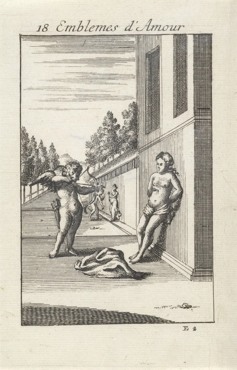 Amor vuurt een pijl af op een vrouw by Jan van Vianen, print, 1686