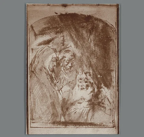 Fotoreproductie van tekening van drie personen door Rembrandt by anonymous, photograph, 1880-1920