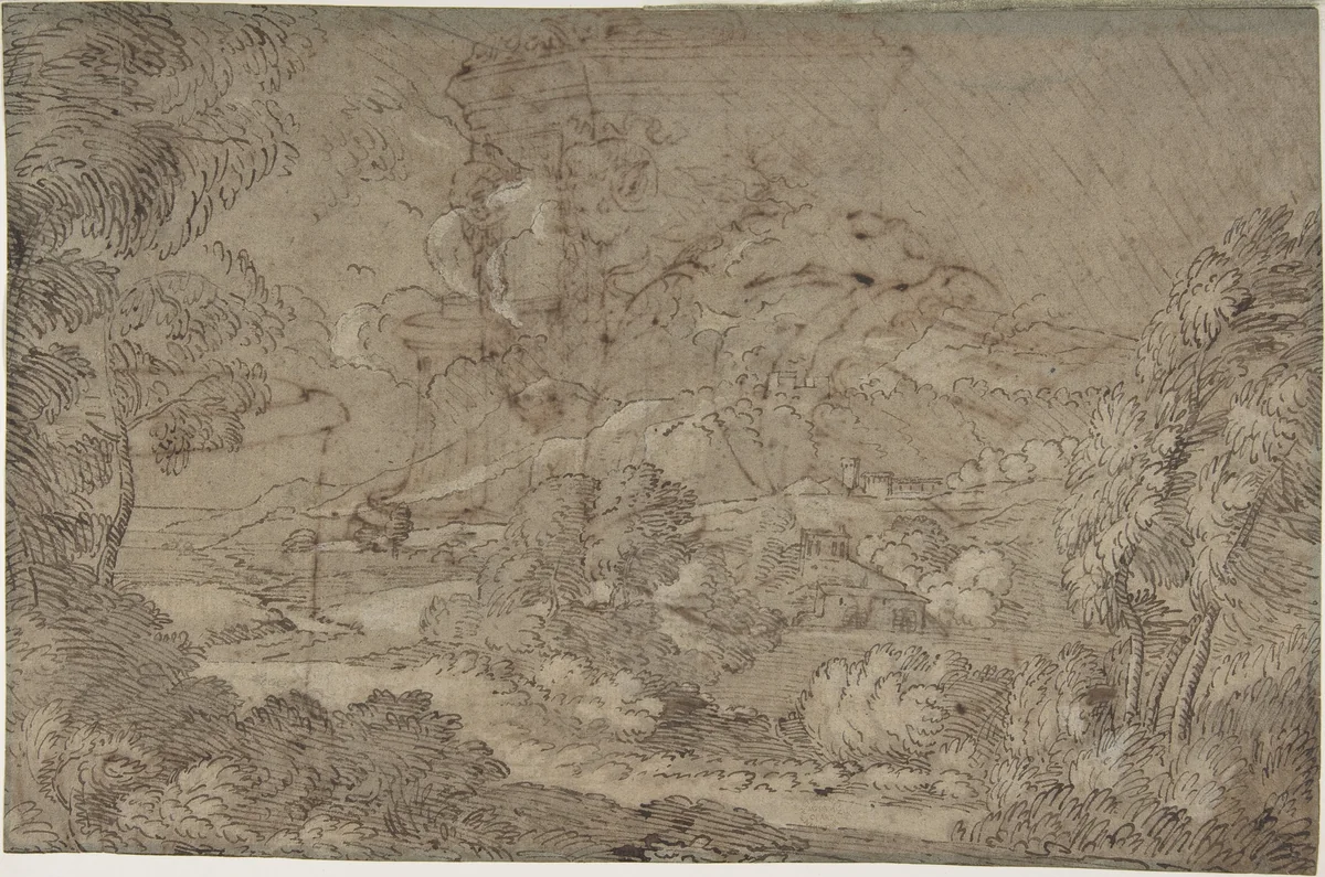 Landscape by anonymous, drawing, 1600-1699