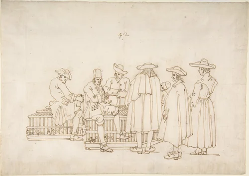 A Group of Figures Surrounding Two Bird-coops by Bernardo Bellotto, drawing, 1697-1768