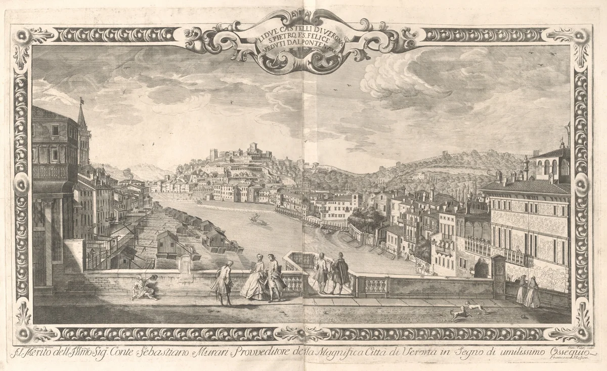 Lidue Castelli di Verona, S. Pietro Felice, Veduti dal Ponte Nuovo by Dionigi Valesio, print, 1747