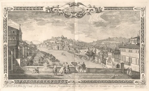Lidue Castelli di Verona, S. Pietro Felice, Veduti dal Ponte Nuovo by Dionigi Valesio, print, 1747