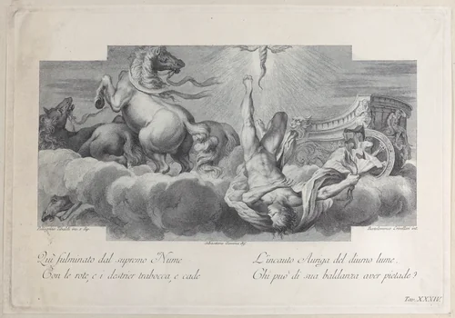 Plate 34: Auriga, the charioteer, falls from the chariot at center, with three horses at left by Bartolomeo Crivellari, print, 1756