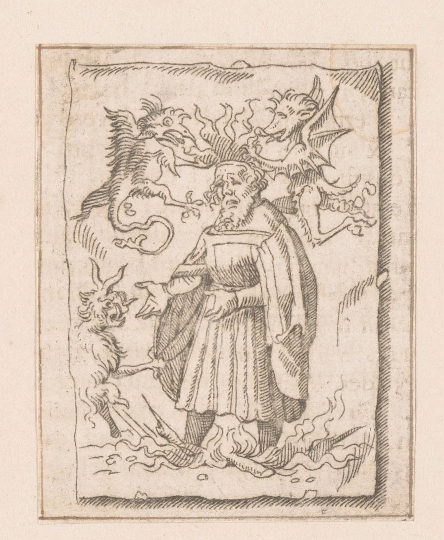 Doek met een afbeelding van het verbranden van een ketter die door duivels gekroond wordt met een kroon van vuur by Caspar Merian, print, 1516