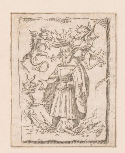 Doek met een afbeelding van het verbranden van een ketter die door duivels gekroond wordt met een kroon van vuur by Caspar Merian, print, 1516