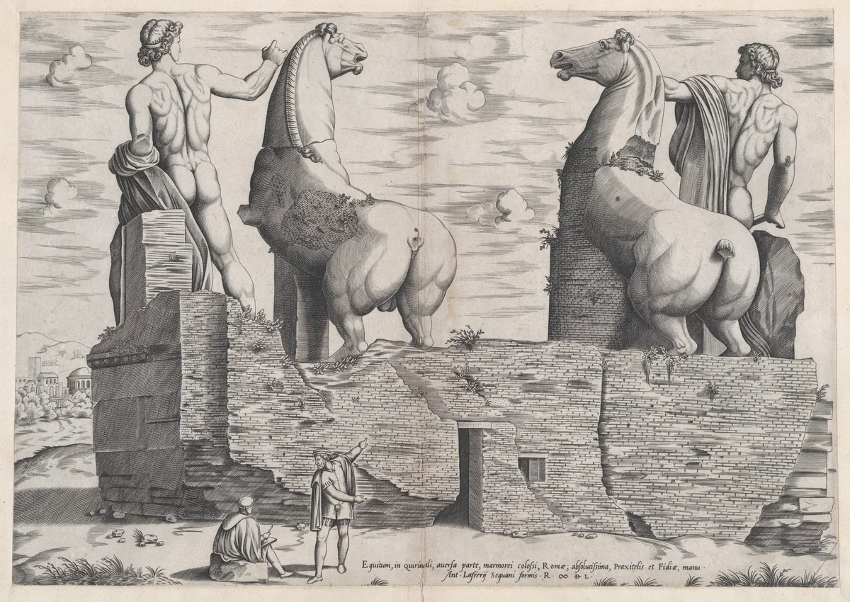 View of the Back of the Statues of the Dioscuri at the Quirinal, from "Speculum Romanae Magnificentiae" by anonymous, print, 1550