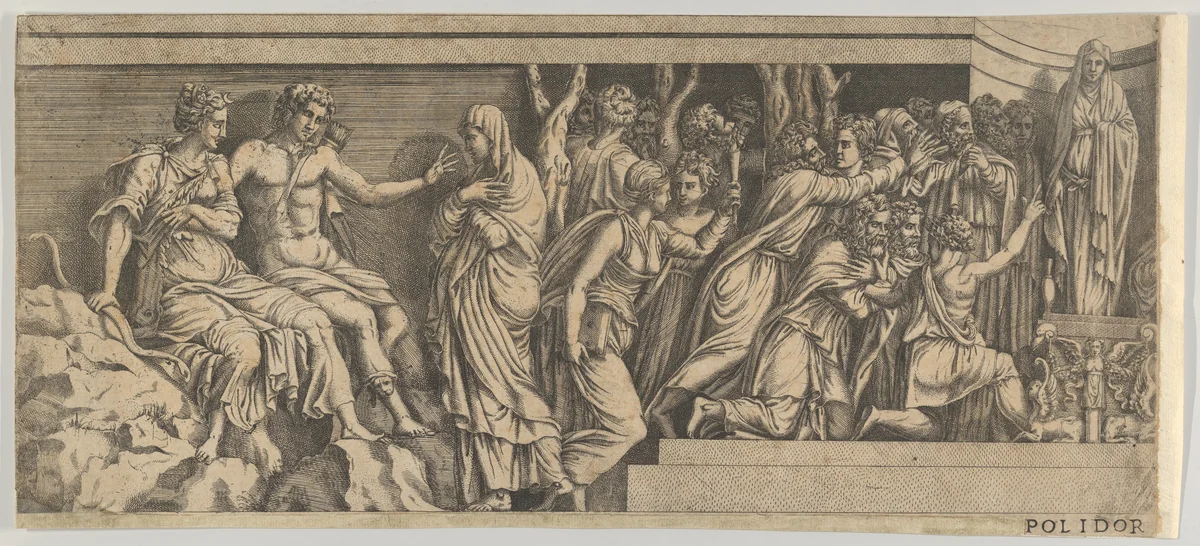 Statue of Niobe and her Worshippers, with Apollo and Diana and other Figures, after Polidoro da Caravaggio by Anonymous, School of Fontainebleau, print, 1543-1547