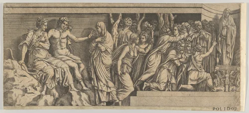 Statue of Niobe and her Worshippers, with Apollo and Diana and other Figures, after Polidoro da Caravaggio by Anonymous, School of Fontainebleau, print, 1543-1547