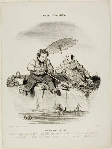The Pleasures of Fishing. “- You are always in such a rush - Good God, we only just got here at noon and it is now only a quarter past five - Just give me a little more time, I am sure I'll end by catching one,” plate 50 from Moeurs Conjugales by Honoré-Victorin Daumier, print, 1842