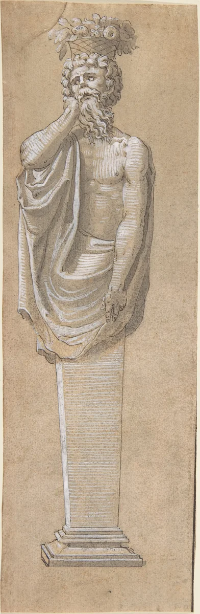 Bearded Male Term with a Raised Left Arm by anonymous, drawing, 1540-1550