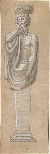 Bearded Male Term with a Raised Left Arm by anonymous, drawing, 1540-1550