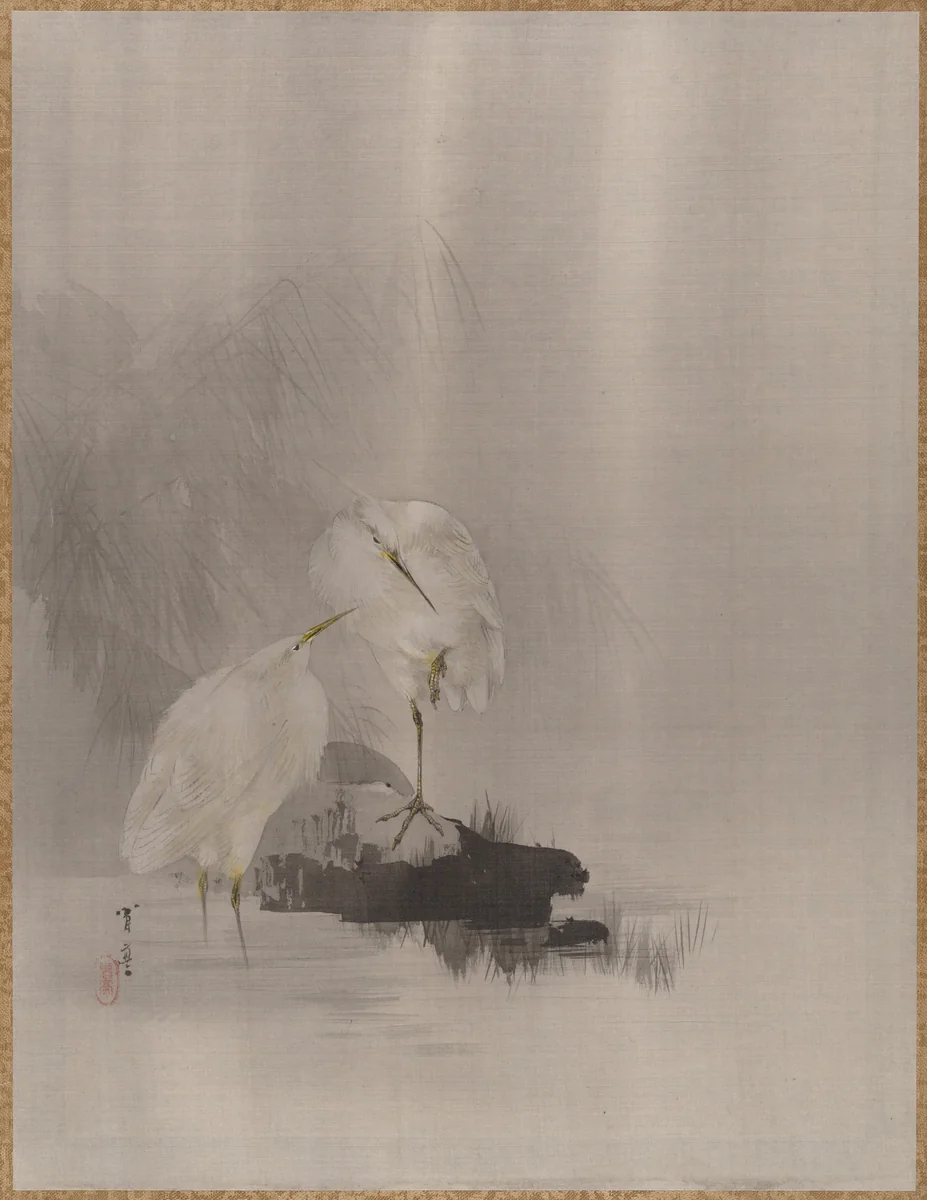 Egrets at the Water's Edge by Watanabe Seitei (渡辺省亭), painting, 1877-1897