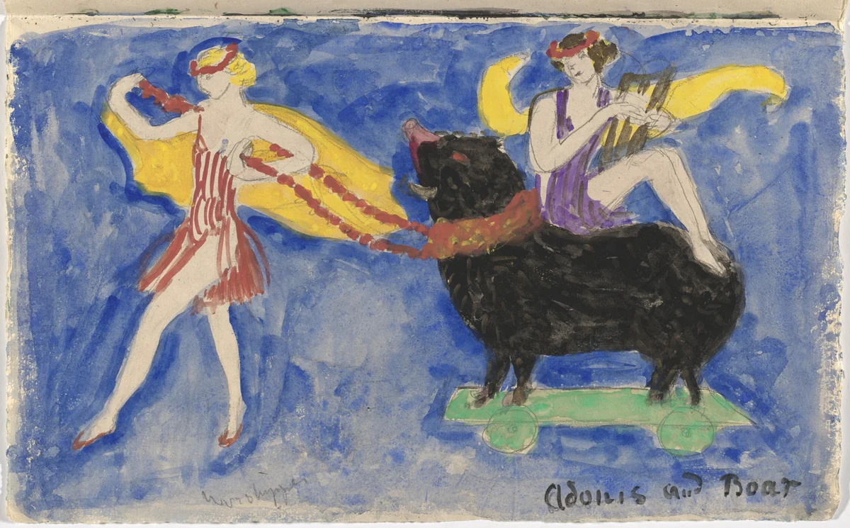 Costume design (Adonis and Boar) for artist's ballet Orphée of the Quat-z-arts by Florine Stettheimer, drawing, 1912